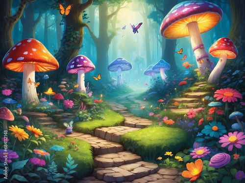 magical glowing mashroom forest, fantasy landscape, generative ai