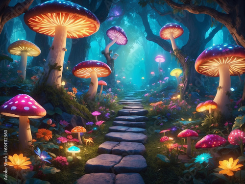 magical glowing mashroom forest, fantasy landscape, generative ai