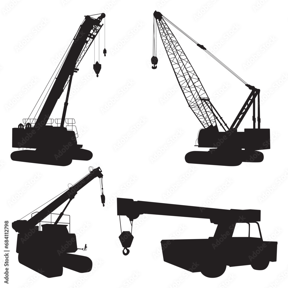 Collection of crane construction vehicle silhouettes. Heavy construction and industrial vehicles