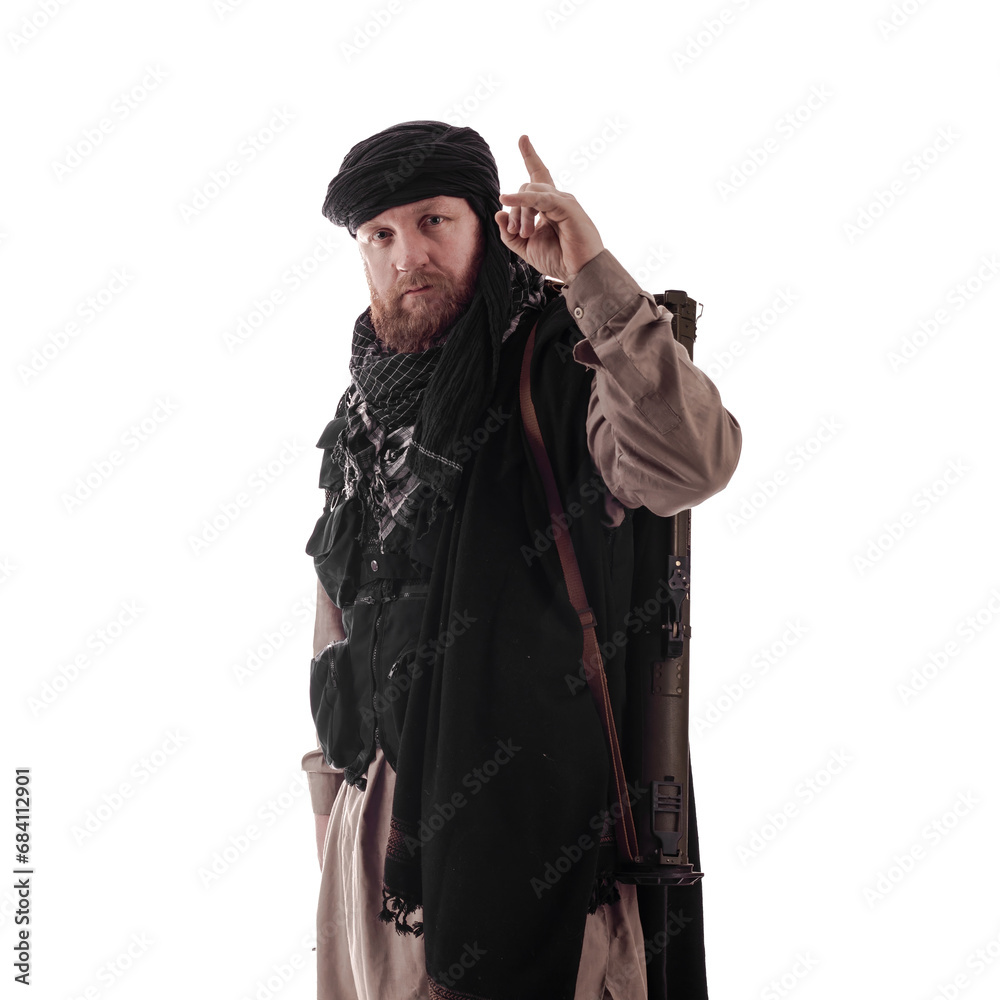 man in military outfit warrior PMC on a white background - obrazy, fototapety, plakaty 