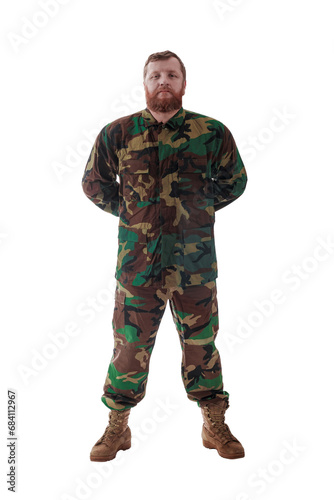 man in camouflage Russian military adviser in modern times on a white background in studio