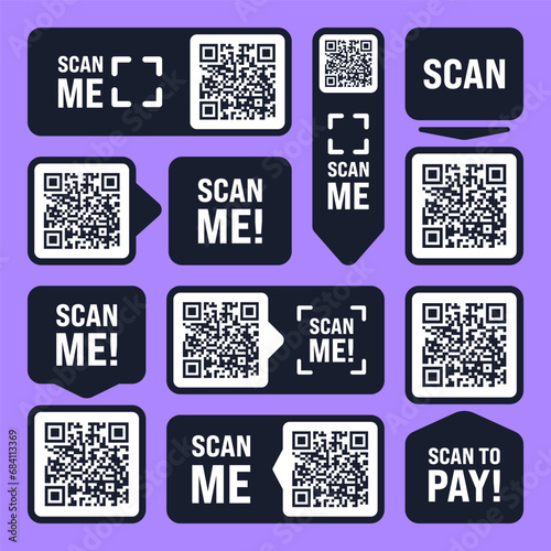 Scan me QR code sticker. Online payment. Special offer sale stickers, shopping discount label or promotional badge. Serial number, product ID. Supermarket retail label, price tag. Vector illustration