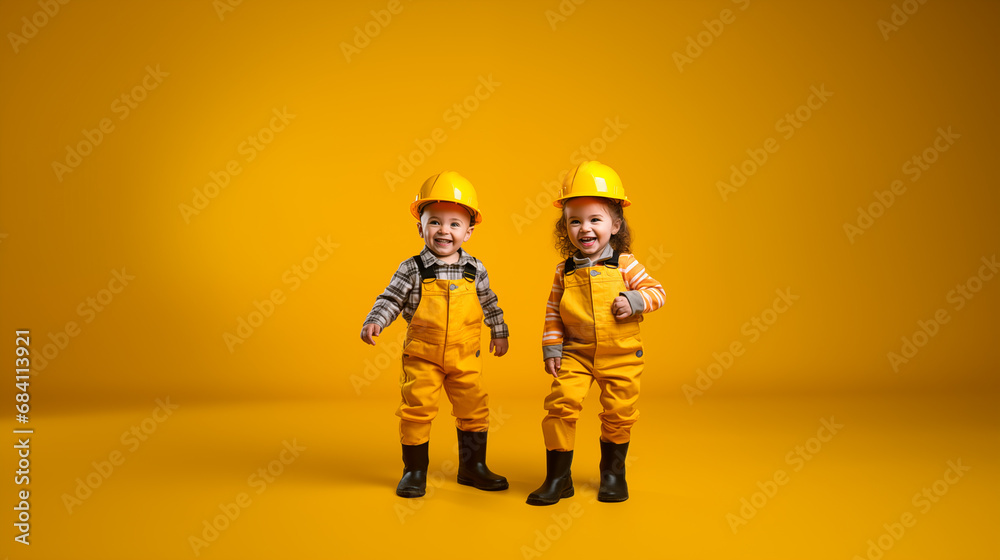 .Happy children dressed as a builder. .Happy children dressed as a builder.