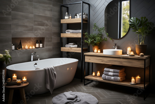 Bathroom interior with black tiled walls, wooden shelves with towels and candles. 3d rendering. ia generative
