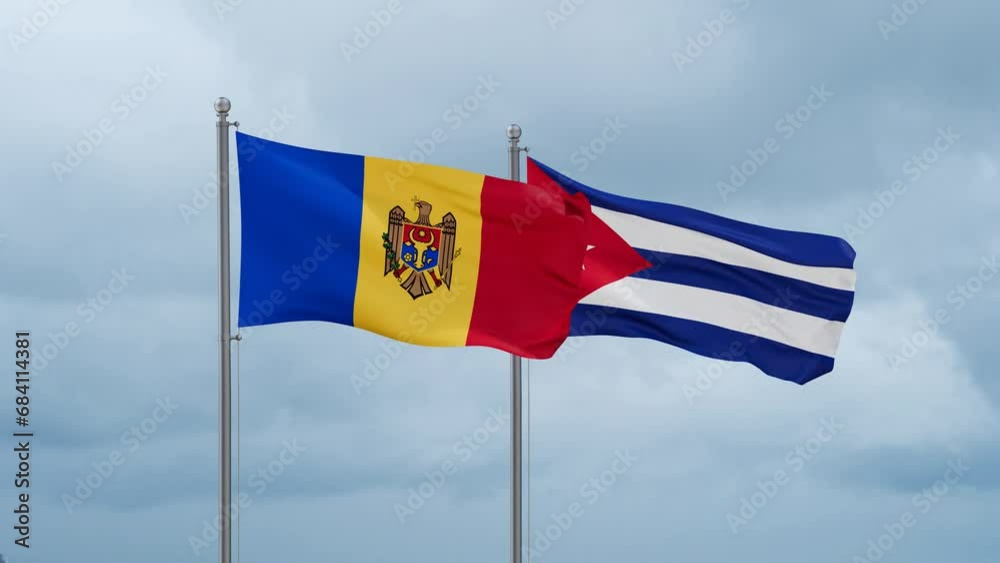 Cuba and Moldova flag waving together on cloudy sky, endless seamless loop, two country cooperation concept Cuba and Moldova flag waving together on cloudy sky, endless seamless loop, two country cooperation concept
