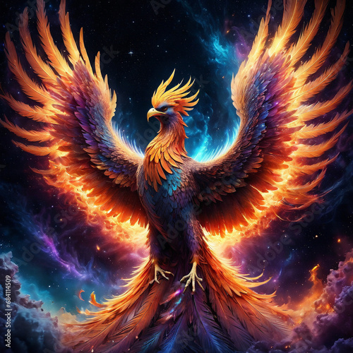 a phoenix rising from vibrant ashes, with iridescent feathers catching the light against a cosmic. ai generative © Big