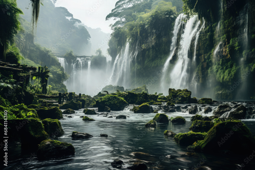 Emerald Symphony: Waterfall Harmony in Jungle Lushness and Misty Atmosphere - Generative AI Emerald Symphony: Waterfall Harmony in Jungle Lushness and Misty Atmosphere - Generative AI