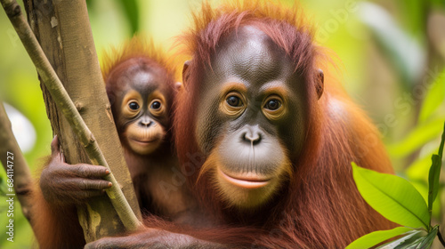 Mother orangutan (orang-utan) with funny cute baby on hers neck in theirs natural. generative ai