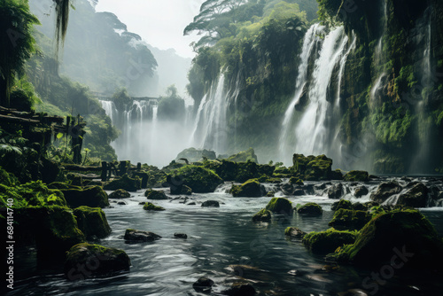 Emerald Symphony  Waterfall Harmony in Jungle Lushness and Misty Atmosphere - Generative AI