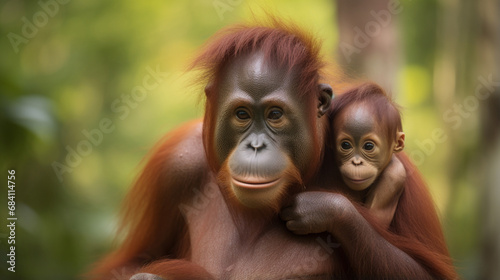 Mother orangutan (orang-utan) with funny cute baby on hers neck in theirs natural. generative ai