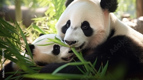 Mother Panda and her baby Panda are Snuggling and eating bamboo in the morning in zoo. generative ai