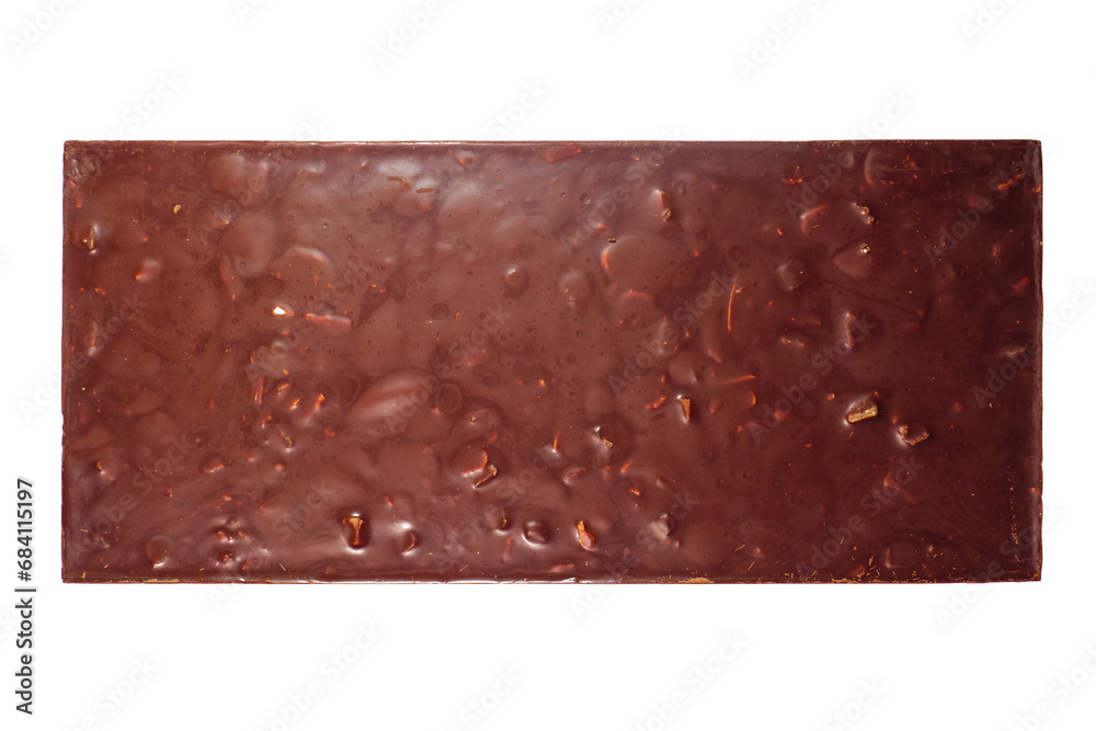 Bar of dark chocolate with nuts, back view horizontal studio shot isolated on white background Bar of dark chocolate with nuts, back view horizontal studio shot isolated on white background