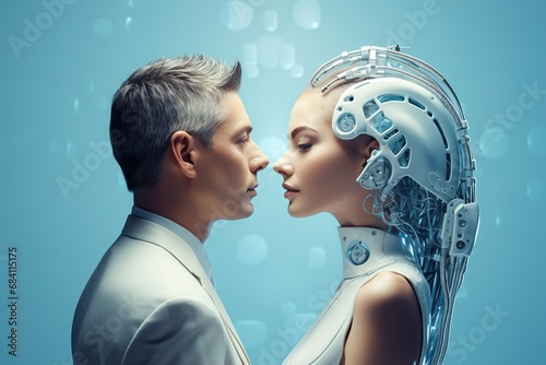 Artificial intelligence conceptual illustration. Man facing female humanoid robot.
