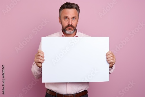 sad senior man holding a blank placard sign poster paper for mock up in his hands