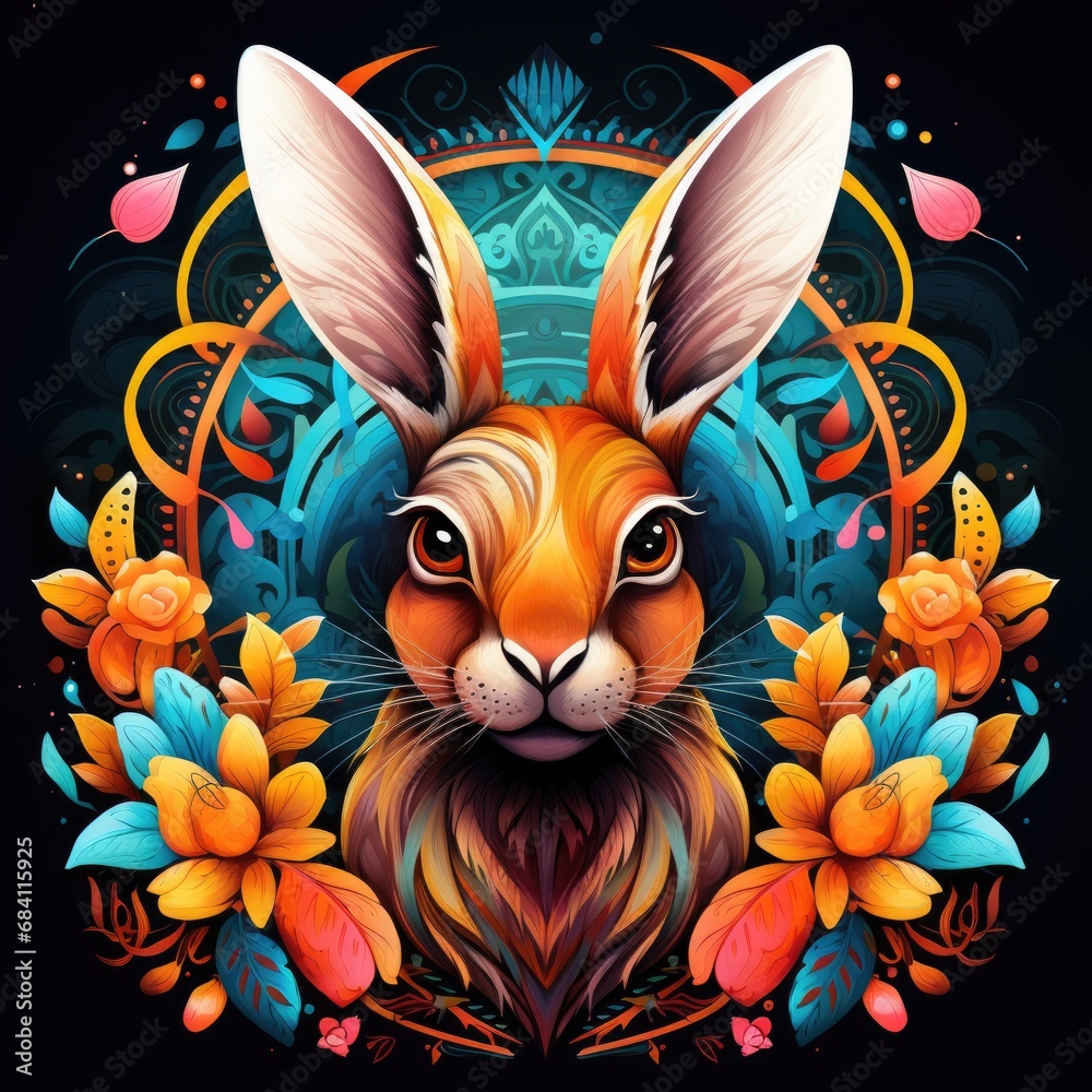 Colorful hare mandala art on black background. Colorful hare mandala art on black background.