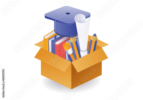 Concept illustration of educational school equipment on cardboard