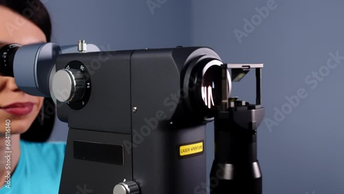 Close-up of the SLT laser for vision improvement and correction. Modern ophthalmic medicine and new technologies. photo