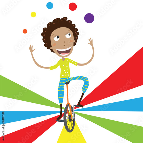 Equilibrist funny boy on the unicycle juggles balls. Juggler vector illustration.