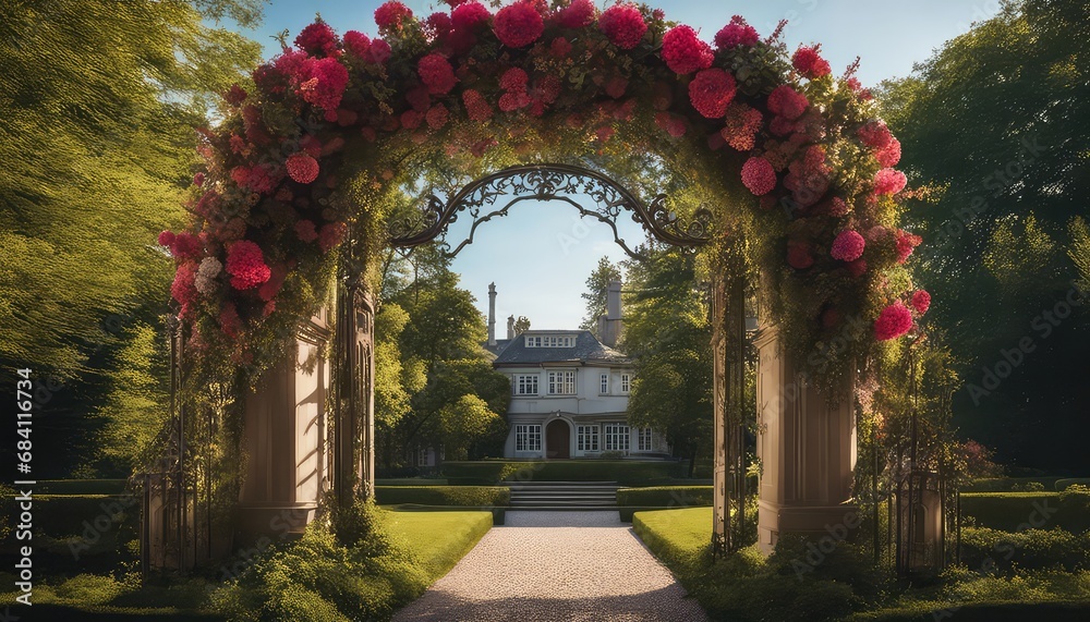 Fototapeta premium Wedding backdrop, eXtravagant floral arch gate backdrop in English Garden, front view, traditional English house in the background, wide angle, photography backdrop, maternity backdrop, path, doorway