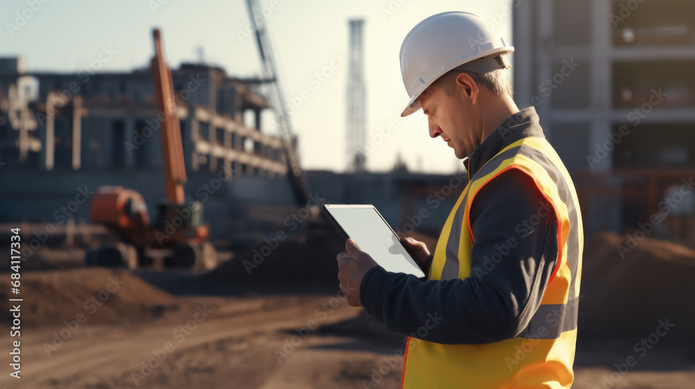 Fototapeta premium Construction worker with a hardhat and reflective vest is focused on a tablet, possibly reviewing plans or conducting an inspection at a construction site.