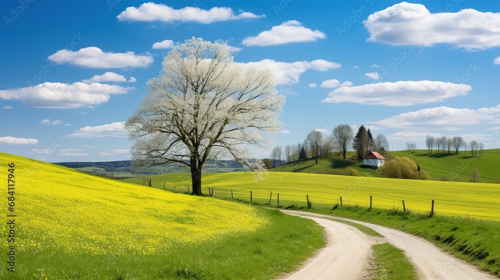 Spring field landscape with hills and blue sky. Image, Background for a Magazine, Banner