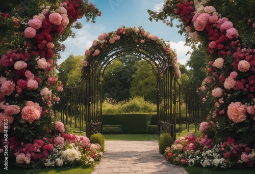 Wedding backdrop, eXtravagant floral arch gate backdrop in English Garden, front view, traditional English house in the background, wide angle, photography backdrop,  maternity backdrop, path, doorway