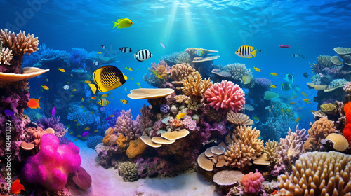 A large coral reef with corals and fish.Generative AI
