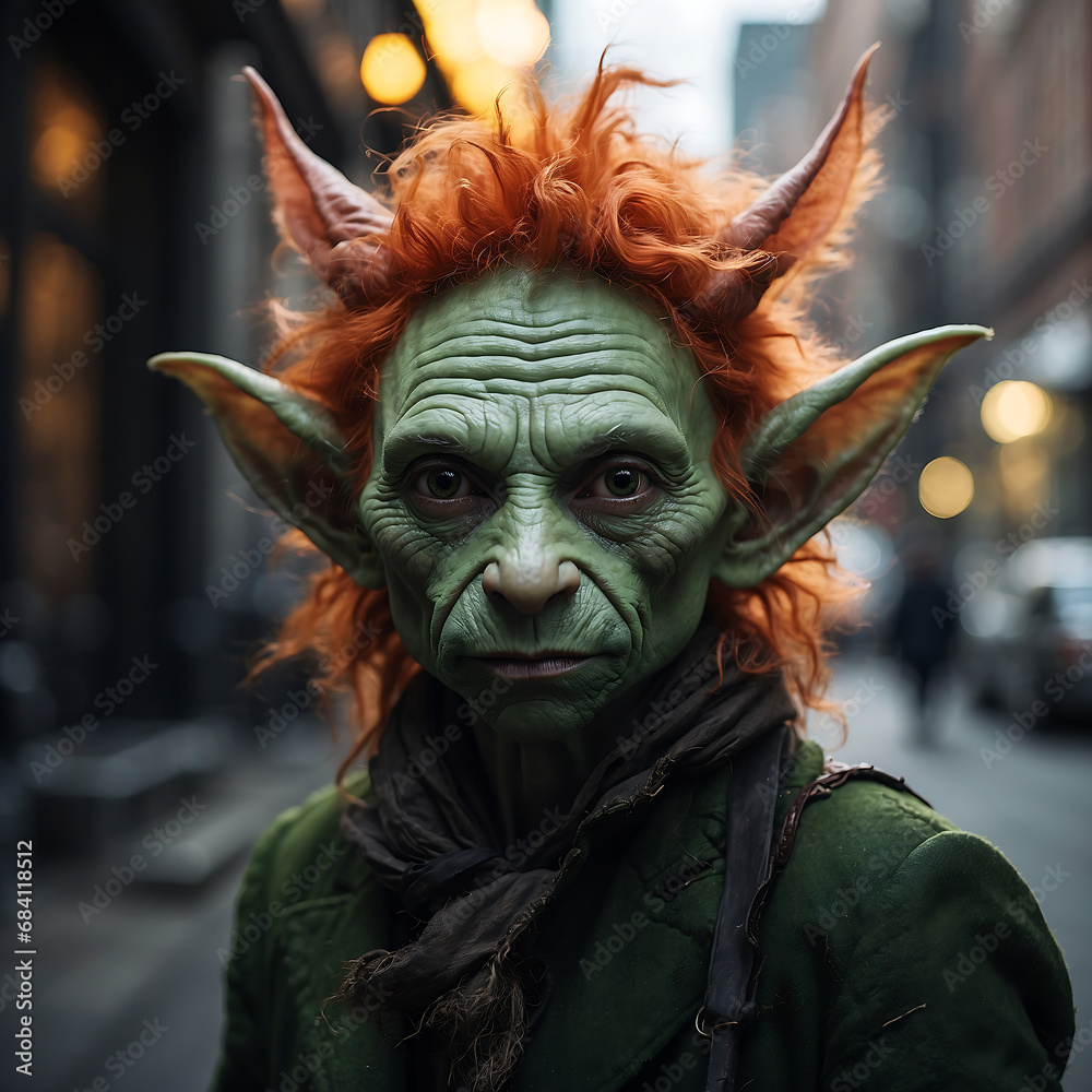 A green-faced goblin with unconventional, oversized ears and vibrant orange hair .Generative Ai