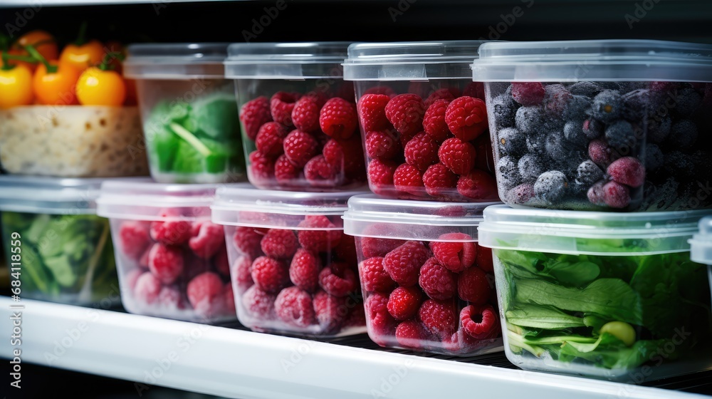 Frozen fruit in plastic boxes in the refrigerator Frozen fruit in plastic boxes in the refrigerator