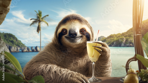 Funny sloth with a cocktail on the background of the sea. Generative AI