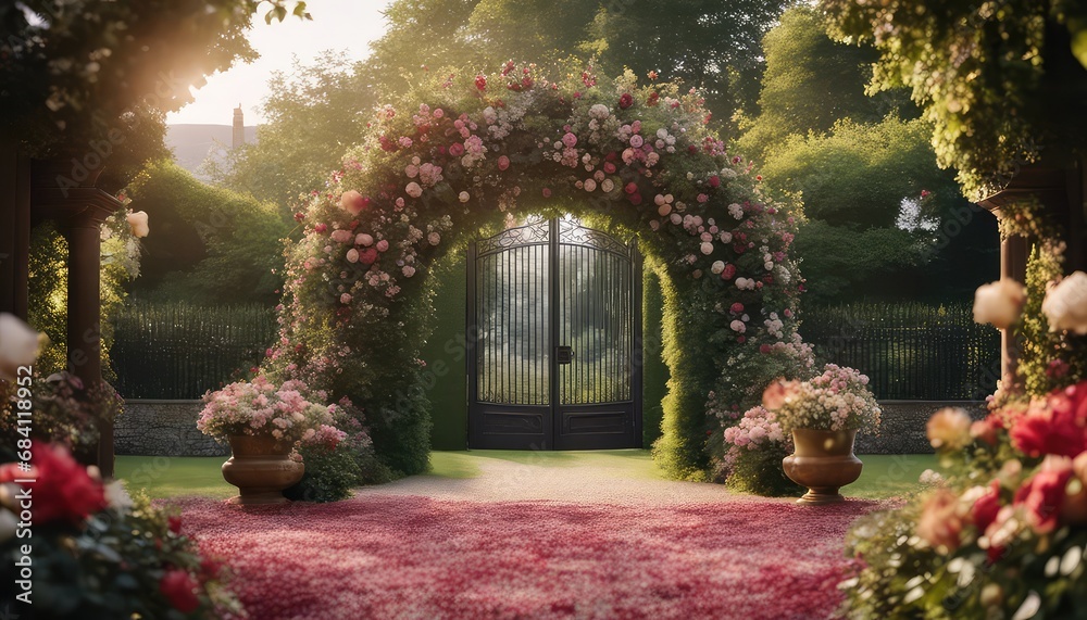 Obraz premium Wedding backdrop, eXtravagant floral arch gate backdrop in English Garden, front view, traditional English house in the background, wide angle, photography backdrop, maternity backdrop, path, doorway