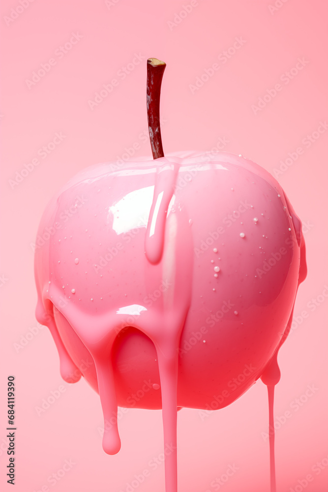 Obraz premium Pink apple with pink dripping liquid. Monochromatic pink color. 