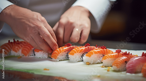 close up of hands of professional chef preparing sushi and rolls in restaurant kitchen.Generative AI