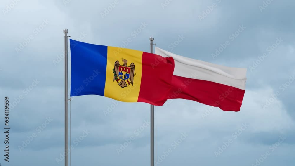 Poland and Moldova flag waving together on cloudy sky, endless seamless loop, two country cooperation concept Poland and Moldova flag waving together on cloudy sky, endless seamless loop, two country cooperation concept