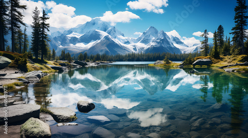 lake in the mountains  Large clean mountain lake against backdrop of mountainous landscape