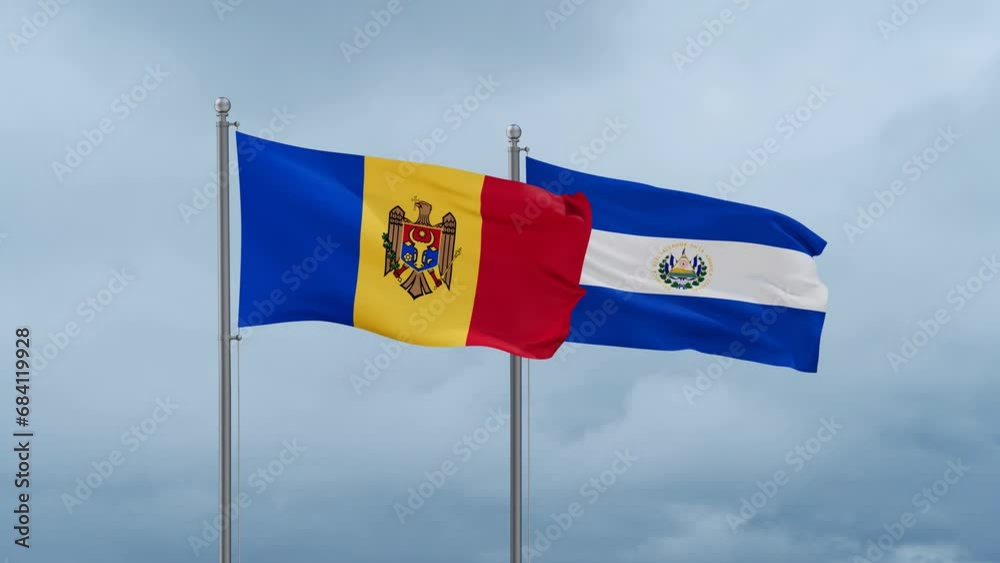 Republic of El Salvador and Moldova flag waving together on cloudy sky, endless seamless loop, two country cooperation concept Republic of El Salvador and Moldova flag waving together on cloudy sky, endless seamless loop, two country cooperation concept