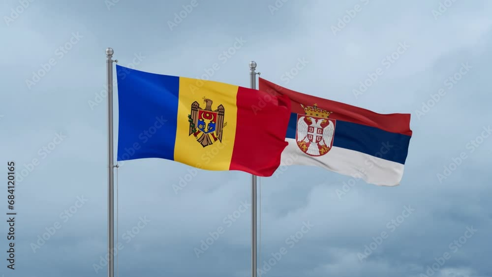 Republic of Serbia and Moldova flag waving together on cloudy sky, endless seamless loop, two country cooperation concept Republic of Serbia and Moldova flag waving together on cloudy sky, endless seamless loop, two country cooperation concept