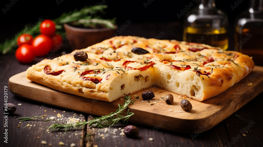 Delicious italian focaccia bread on a wooden cutting board. Generative AI Delicious italian focaccia bread on a wooden cutting board. Generative AI