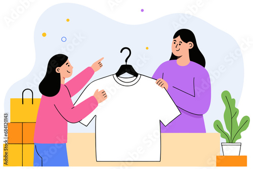 Two girls looking at a t-shirt on a hanger in a clothing store, flat vector illustration.