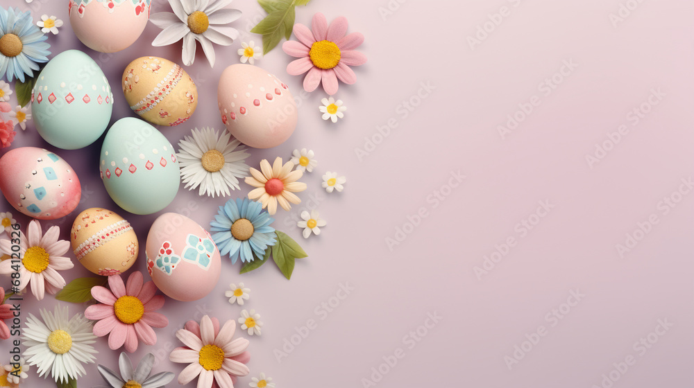 Happy Easter. Easter eggs and flowers on backgrounds. Place for text.Generative AI