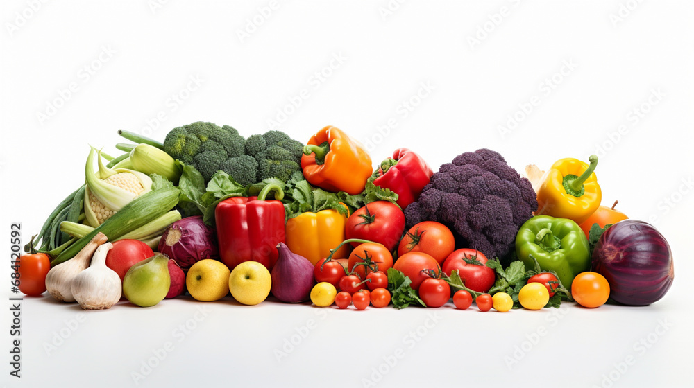 Fruits and vegetables on a white background. banner.Generative AI Fruits and vegetables on a white background. banner.Generative AI
