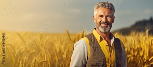 Portrait Senior farmer in the golden wheat field during the morning sunrise.