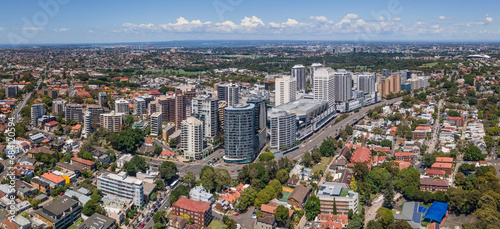 Panoramic aerial drone view of Bondi Junction in the Eastern Suburbs of Sydney, NSW Australia on a sunny day