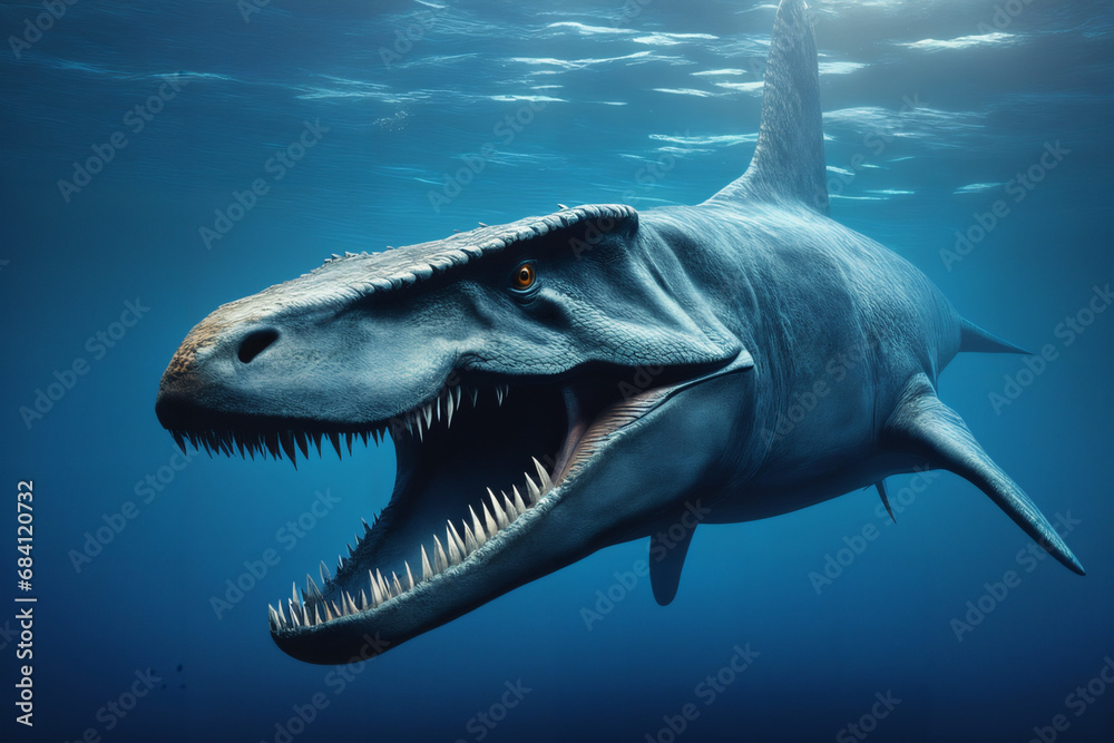 Naklejka premium Mosasaurus . Dinosaurier unter Wasser im Meer . KI Generated