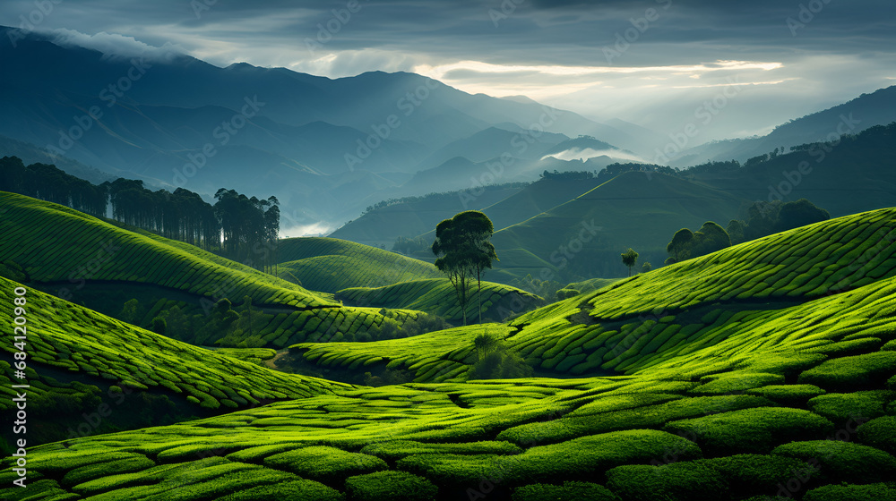 green valley in the mountains, The vast expanses of green tea plantations in sri lanka offer a serene and picturesque summer travel