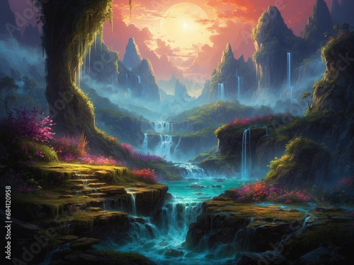 magical water falls - fantasy landscape, generative ai.
