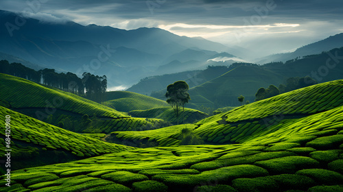 green valley in the mountains, The vast expanses of green tea plantations in sri lanka offer a serene and picturesque summer travel
