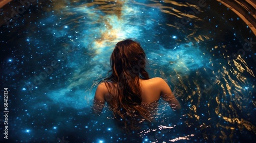 young woman bath in universe with stars,back view © Maryna