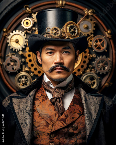 Asian Aristocrat in Steampunk Attire with Mechanical Gears Background