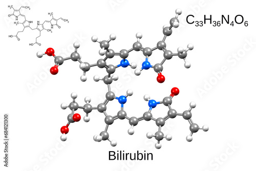 Chemical formula, skeletal formula, and 3D ball-and-stick model of bilirubin